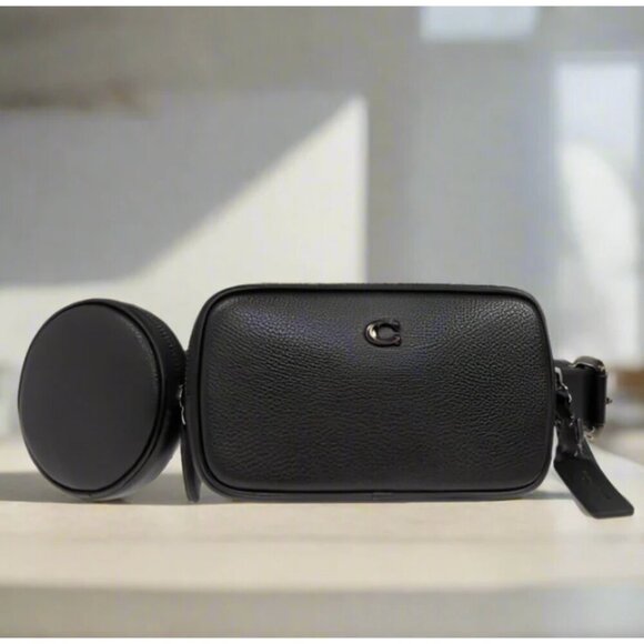 Coach Multi Pouch Belt Bag Black Leather CR749 Removable Adjustable Phone - Picture 1 of 14